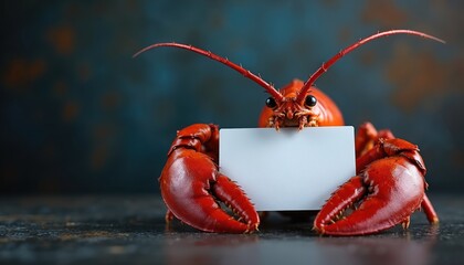 Cooked red lobster holds blank white card. Crustacean advertises restaurant special, menu item, or event. Marine creature offers copy space for text or logo. Seafood advertising concept.