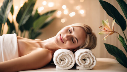 Serene woman enjoying a relaxing spa treatment with soft lighting and tropical plants
