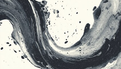 Swirling abstract monochrome painting in black and gray with small drops and splashes