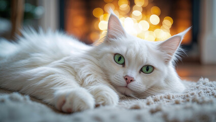 Majestic white cat with striking green eyes rests peacefully indoors near warm bokeh lights