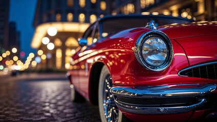 Close-up of a gleaming red vintage car parked on a cobblestone street at dusk