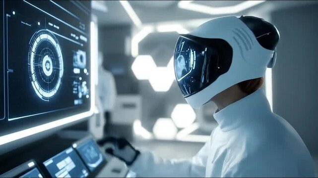 Futuristic engineer operating advanced virtual reality interface in modern lab