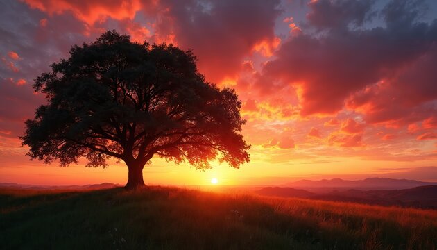 Large tree stands on hill at sunset. Fiery orange red sky with clouds, sun low on horizon. Grassy field, distant hills. Nature landscape background.