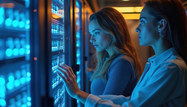 Two women work in a server room interacting with glowing screens. They examine data on rack servers. Tech specialists check computer hardware and network systems in a data center. - Powered by Adobe