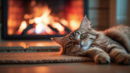 Cozy tabby cat relaxing on a rug in front of a warm, glowing fireplace