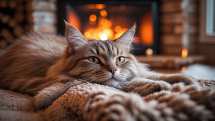Fluffy Maine Coon cat relaxing by a warm, glowing fireplace on a cozy blanket