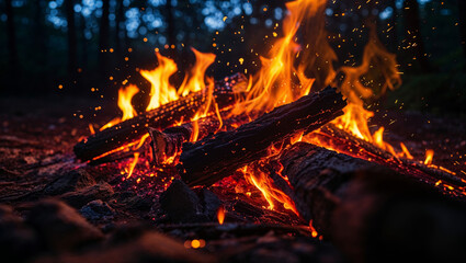Close-up of a crackling campfire at dusk with glowing embers and sparks flying upwards