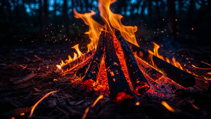 Close-up of a campfire burning brightly in a dark forest with glowing embers and sparks flying