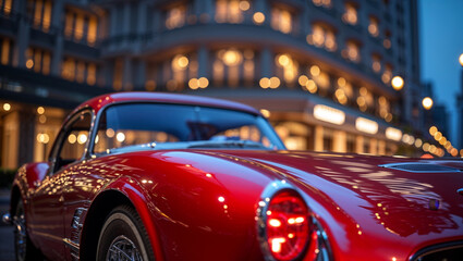 Classic red sports car gleaming under city lights at night