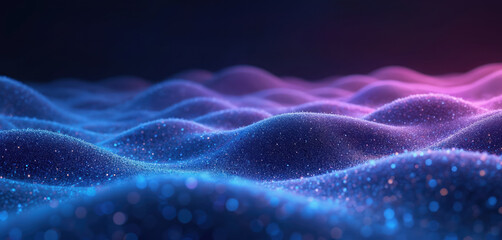 Abstract blue and purple particle wave forming digital landscape. Tiny glowing dots create undulating terrain. Future tech concept, data flow, motion graphics, cyberspace.