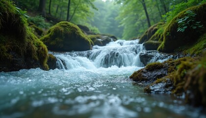 Fototapeta premium Forest stream flows over moss covered rocks. Clear water cascades down small waterfalls creating peaceful natural scene. Rich green trees form canopy overhead, shading serene woodland environment.
