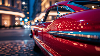 Close-up of a shiny red vintage car parked on a cobblestone street at night