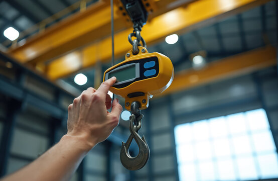 Man uses digital scale for weight check. Crane hook hangs ready for lifting heavy objects in factory. Industrial equipment for precise measurement.