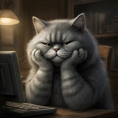 Gray cat looking bored while resting its chin on its paws at desk  