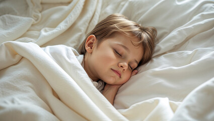 Peaceful young boy sleeping soundly in a cozy bed with soft white blankets