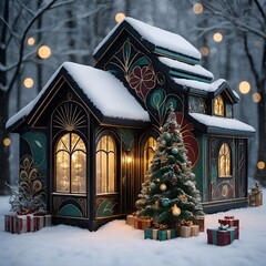 Festively decorated house with Christmas tree and presents in winter  