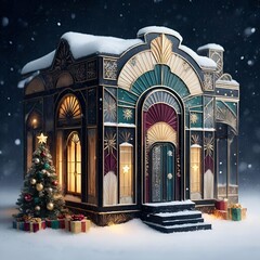 Colorful festive cabin with Christmas tree and gifts in winter snow  