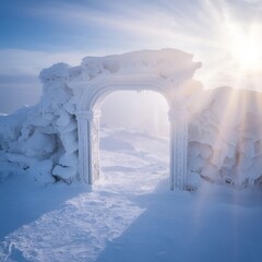 Snow-covered archway in winter landscape with sunlight streaming  
