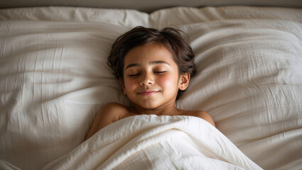 Peaceful young child sleeping soundly in a cozy bed with soft white linens