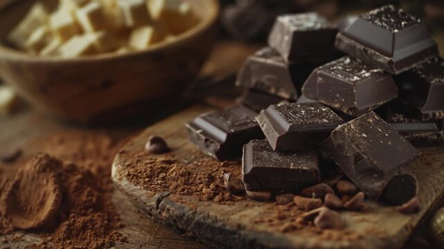 Video A pile of chocolate sits on top of a wooden cutting board, ready for use