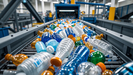 Plastic bottles moving on a conveyor belt at a recycling plant for processing