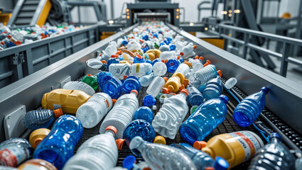 Plastic bottles on a conveyor belt at a recycling facility, ready for processing