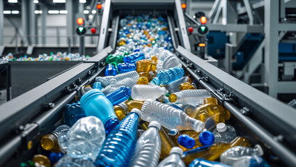 Plastic bottles moving on a conveyor belt at a recycling plant for processing