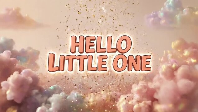 A video greeting card with hello little one text on colorful clouds