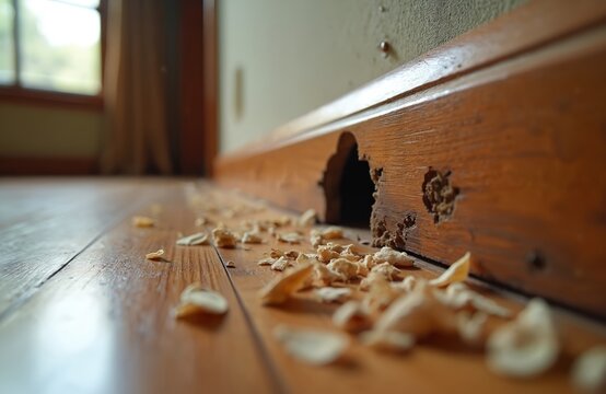 Mouse hole gnawed in wooden baseboard on shiny floor. Debris scattered around hole. Signs of rodent infestation in house interior. Pest damage requires repair.