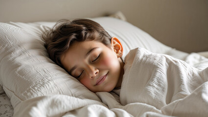 Peaceful young boy sleeping soundly on a soft pillow in a cozy bed