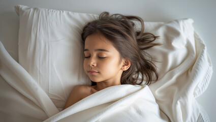 Peaceful young girl sleeping soundly in a white bed with soft linens