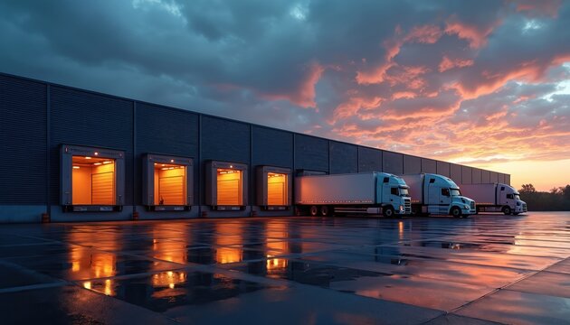 Modern warehouse loading docks are lit by warm internal lights at sunset. Trucks wait on the wet concrete pad reflecting the dramatic sky. Logistics operations continue as day ends.