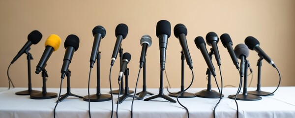 Multiple microphones arranged on table ready for press conference media event. Audio capture devices await speakers for announcements, interviews, public discussions. Setup includes black, one yellow