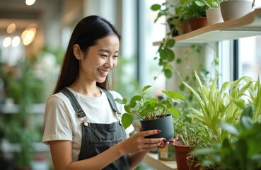 Young Asian woman buys potted plant in garden center. Female smiles holding plants, chooses houseplants among many pots. Lifestyle indoor gardening hobby.