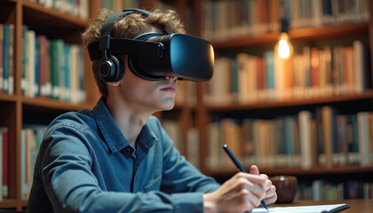 Teenager learns with vr headset in library. Young person wears goggles uses stylus writes on paper near bookshelf. Future education tech immerses student in virtual world. Modern learning experience.