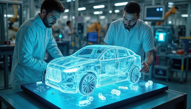 Engineers review holographic 3D car model on augmented reality table. Team collaborates on electric vehicle design, analyzing futuristic automotive blueprint. Innovation in future auto manufacturing. - Powered by Adobe