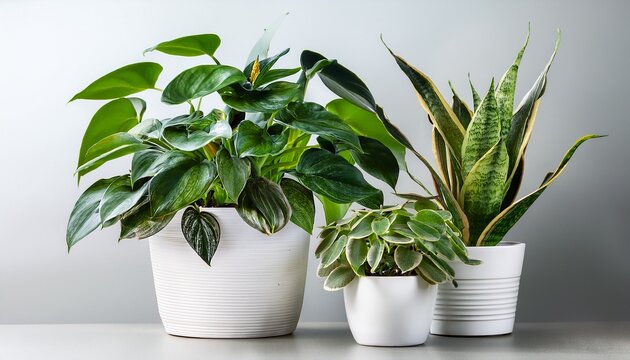 jade plant pothos snake plant and ficus and in a white flower pot house plants