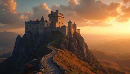 Obraz premium Stone castle stands on high cliff top at sunset. Winding stone path leads up to ancient fortress. Warm golden light illuminates historic architecture against dramatic sky.