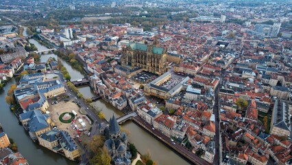Naklejka premium A panoramic aerial view of the old town city Metz in France on a cloudy fall noon.