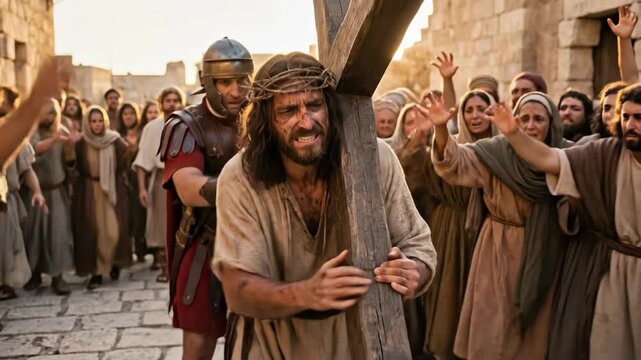 Suffering Jesus Christ carrying heavy wooden cross through crowd on via dolorosa representing passion and sacrifice during good friday and easter holy week