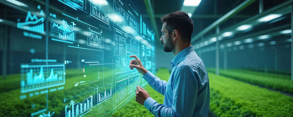 Man uses futuristic holographic interface to analyze data in modern vertical farm. Displays show graphs, charts with crop growth statistics. Technology controls automated agricultural production for