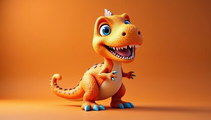 Cute cartoon orange dinosaur with big eyes and playful smile. This friendly creature has sharp teeth and claws ready for fun adventures in a vibrant animated world. Great for kids content.