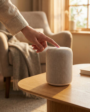 Lifestyle Close-Up of Hand Pressing Touch Button on Brand-Free Wireless Speaker 