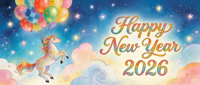 Illustrated New Year card, whimsical horse floating with balloons and stars, Year of the Fire Horse in the Chinese zodiac