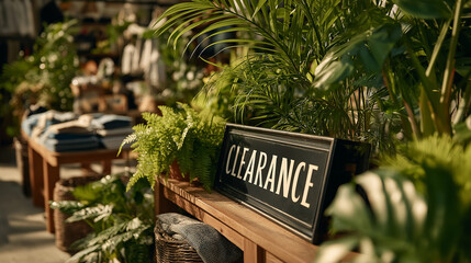 A vibrant clearance section filled with lush plants and neatly arranged merchandise, inviting customers to explore attractive deals.