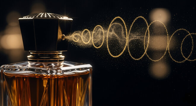 Elegant glass perfume bottle with golden spray on dark background   - Powered by Adobe