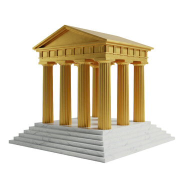 Conceptual monument of five polished 24k gold ionic columns on a stark white marble base, sharp studio lighting emphasizing opulence and severity. Concept of classic finance and law