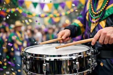 Close-up of drummer playing snare drum at mardi gras celebration with colorful confetti and festive beads. concept of musical performance, festive spirit, cultural tradition