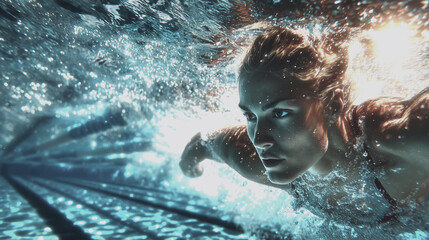 A swimmer glides effortlessly through a pool, creating beautiful splashes and bubbles as sunlight filters through the water, capturing the essence of speed and grace.