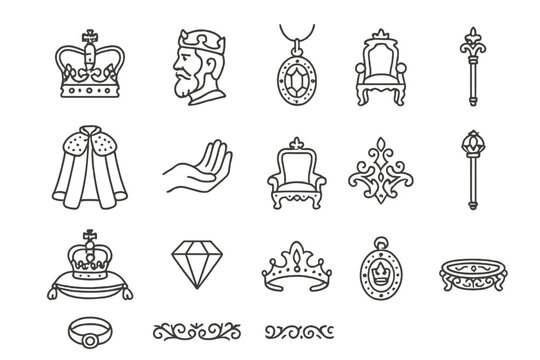 Royal Regalia Icons. Line style icons of Royal Regalia Set: crown, king&rsquo;s head, golden jewels, scepter, royal robe, hand hold,